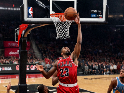 NBA常规赛现场，篮球运动员在篮下完成上篮动作